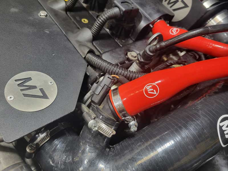 M7 Speed Oil Catch Can one piece 1/2" diameter molded hoses-Red-Installed