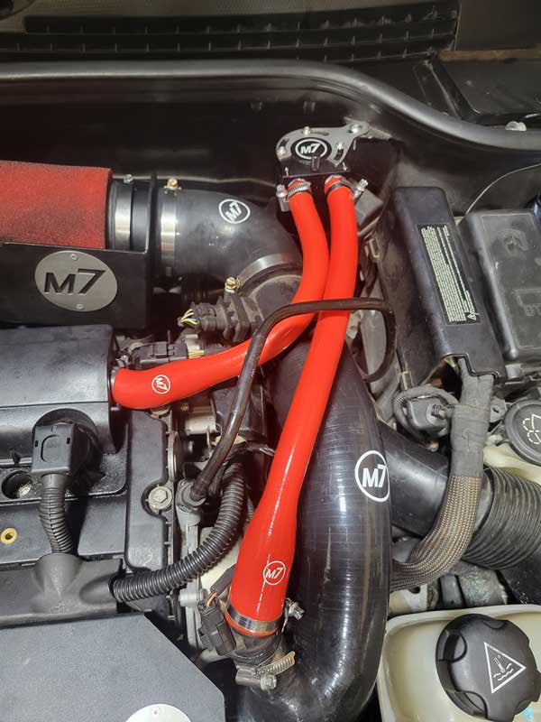 M7 Speed Oil Catch Can one piece 1/2" diameter molded hoses-Red-Installed