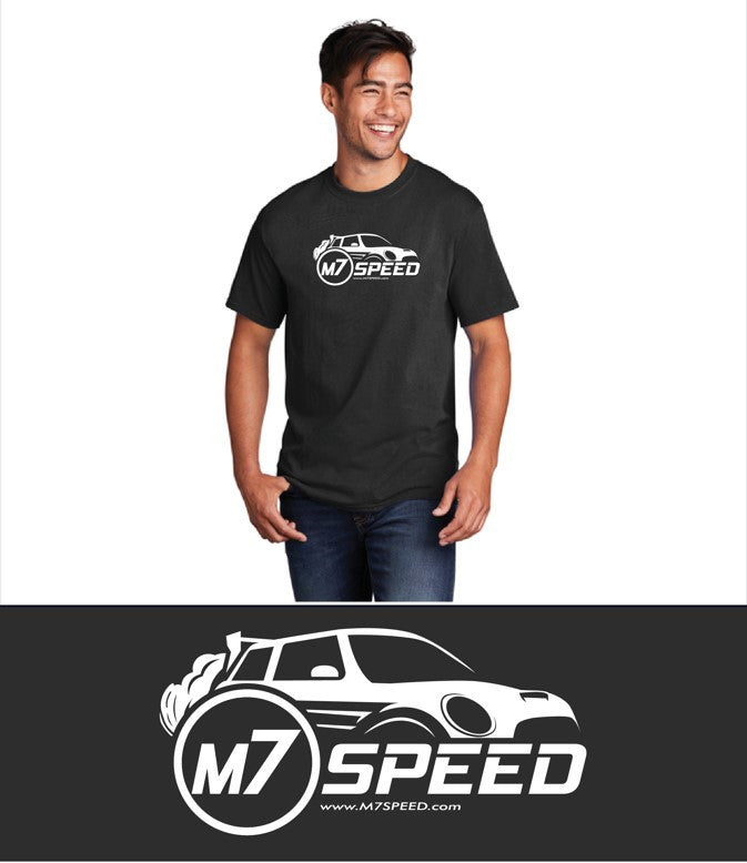 M7Speed Tee Shirt. White on Black