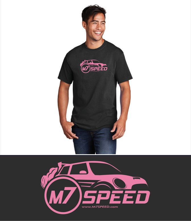 M7 Speed Tapered cut. Pink printing on a black shirt.